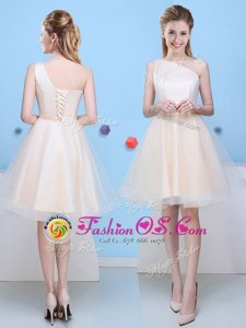 Nice One Shoulder Champagne Lace Up Bridesmaids Dress Bowknot Sleeveless Knee Length