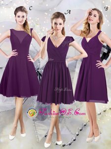 Exceptional Purple V-neck Zipper Ruching Wedding Guest Dresses Cap Sleeves