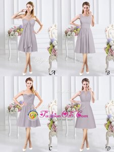 Fitting Knee Length Side Zipper Quinceanera Dama Dress Grey and In for Prom and Party and Wedding Party with Lace and Ruching and Hand Made Flower