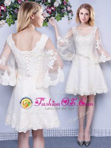 New Arrival Scoop White 3|4 Length Sleeve Lace Knee Length Quinceanera Court Dresses