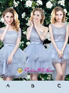 Mini Length Grey Bridesmaid Dress Off The Shoulder Sleeveless Lace Up