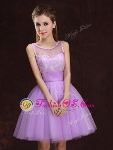 Dramatic Scoop Sleeveless Mini Length Lace and Ruching Lace Up Quinceanera Dama Dress with Lilac