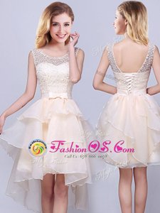 Top Selling Scoop Lace and Ruffles Wedding Party Dress Champagne Lace Up Sleeveless High Low