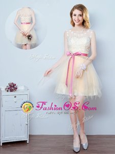 Tulle Scoop Sleeveless Lace Up Ruffles and Ruching and Bowknot and Hand Made Flower Wedding Party Dress in Pink
