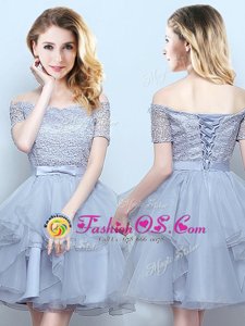 Affordable Off the Shoulder Grey Lace Up Wedding Guest Dresses Lace and Ruffles and Belt Short Sleeves Mini Length