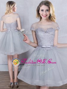 A-line Quinceanera Court of Honor Dress Grey Scoop Tulle Short Sleeves Mini Length Lace Up