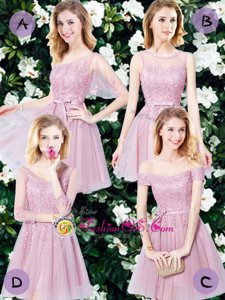 Mini Length Empire Sleeveless Pink Bridesmaid Dress Lace Up