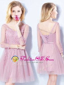 Classical Pink V-neck Neckline Appliques and Belt Bridesmaid Gown Sleeveless Lace Up