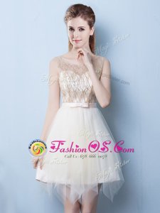 Champagne A-line Tulle Scoop Sleeveless Sequins and Bowknot Asymmetrical Lace Up Wedding Guest Dresses