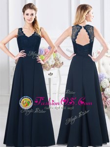 Navy Blue Backless Bridesmaids Dress Lace and Ruching Sleeveless Floor Length