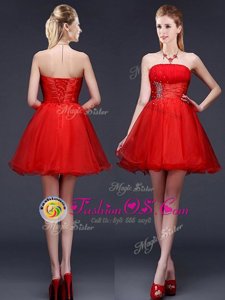 Simple Red Sleeveless Beading and Ruching and Belt Mini Length Bridesmaids Dress