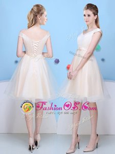 Super Champagne A-line Bowknot Damas Dress Lace Up Tulle Cap Sleeves Knee Length