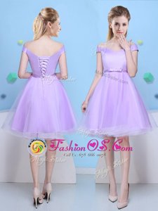 Knee Length Lavender Bridesmaids Dress V-neck Cap Sleeves Lace Up