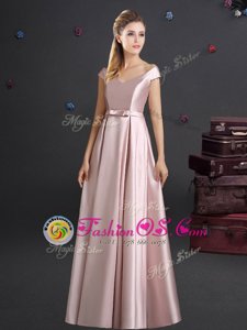 Off The Shoulder Cap Sleeves Elastic Woven Satin Bridesmaid Gown Bowknot Zipper