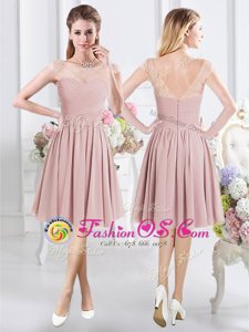 Fine A-line Quinceanera Dama Dress Pink Scoop Chiffon Cap Sleeves Knee Length Zipper