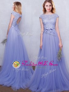 Clearance Brush Train Empire Wedding Guest Dresses Lavender Scoop Tulle Cap Sleeves With Train Backless