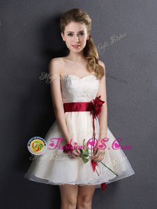 Elegant Mini Length Lace Up Vestidos de Damas Champagne and In for Prom and Party and Wedding Party with Lace and Hand Made Flower