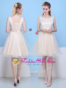 Affordable Scoop Champagne Lace Up Vestidos de Damas Bowknot Sleeveless Knee Length