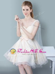 Cheap Champagne One Shoulder Zipper Ruching and Bowknot Bridesmaid Dress Sleeveless