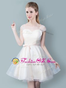 Suitable Knee Length Champagne Damas Dress Straps Cap Sleeves Zipper