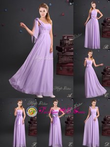 On Sale One Shoulder Chiffon Sleeveless Floor Length Dama Dress for Quinceanera and Ruching and Bowknot and Hand Made Flower