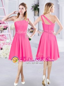 Romantic A-line Quinceanera Court of Honor Dress Hot Pink One Shoulder Chiffon Sleeveless Knee Length Zipper