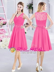 Eye-catching Hot Pink A-line Chiffon V-neck Sleeveless Lace and Ruching Knee Length Side Zipper Bridesmaid Gown