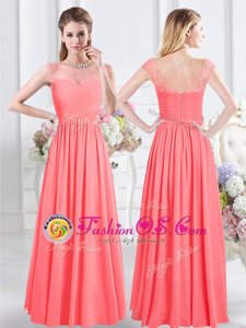 Watermelon Red Chiffon Zipper Scoop Cap Sleeves Floor Length Damas Dress Lace and Ruching