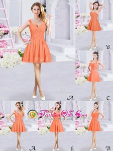 Orange A-line Lace and Ruching and Belt Bridesmaid Dress Zipper Chiffon Sleeveless Mini Length