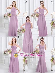 Lavender Cap Sleeves Beading and Ruching Floor Length Bridesmaid Dress