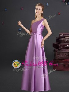 One Shoulder Sleeveless Quinceanera Court of Honor Dress Floor Length Bowknot Lilac Elastic Woven Satin