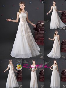 Flare V-neck Sleeveless Wedding Party Dress Floor Length Lace and Appliques and Bowknot White Chiffon