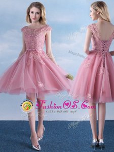 Trendy Scoop Cap Sleeves Bridesmaids Dress Knee Length Appliques and Belt Pink Tulle