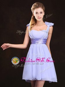 Chic Lavender Empire Straps Sleeveless Chiffon Mini Length Zipper Ruching and Bowknot Bridesmaid Dresses