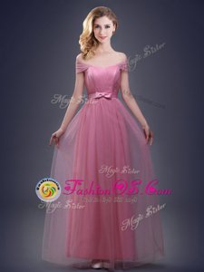 Off the Shoulder Pink Lace Up Wedding Party Dress Ruching and Bowknot Sleeveless Floor Length