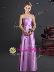 Excellent Lilac Empire Sweetheart Sleeveless Elastic Woven Satin Floor Length Zipper Bowknot Bridesmaid Gown