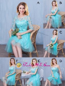 Modest Scoop Lace and Appliques and Bowknot Bridesmaids Dress Aqua Blue Lace Up Sleeveless Knee Length