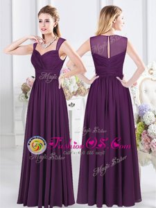 Artistic Straps Purple Zipper Bridesmaid Gown Ruching Sleeveless Floor Length