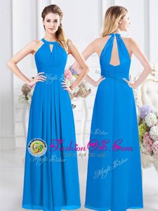 Baby Blue Empire Chiffon Halter Top Sleeveless Ruching Floor Length Zipper Wedding Guest Dresses