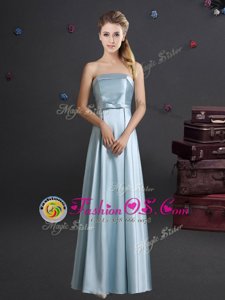 Top Selling Floor Length Light Blue Bridesmaid Gown Elastic Woven Satin Sleeveless Bowknot