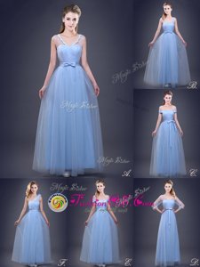 Spectacular Light Blue Tulle Lace Up Sleeveless Floor Length Vestidos de Damas Beading and Appliques and Ruching and Bowknot and Hand Made Flower