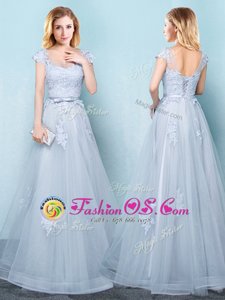 Scoop Cap Sleeves Tulle Floor Length Lace Up Bridesmaids Dress in Light Blue for with Appliques and Belt