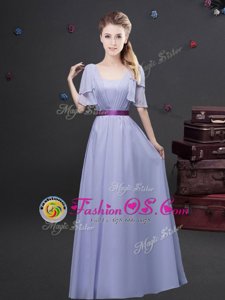 Popular Square Lavender Zipper Dama Dress Ruching and Belt Short Sleeves Floor Length