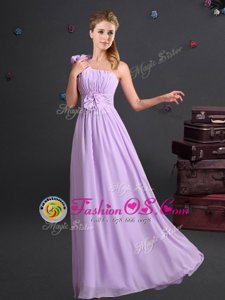 One Shoulder Sleeveless Zipper Floor Length Ruching and Hand Made Flower Damas Dress