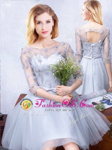 Elegant Scoop Tulle Half Sleeves Knee Length Wedding Guest Dresses and Lace and Appliques and Belt