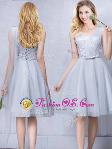 Modern One Shoulder Sleeveless Lace Up Wedding Guest Dresses Grey Tulle