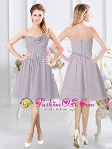 Simple Grey Chiffon Zipper Bridesmaid Dress Sleeveless Knee Length Ruching and Hand Made Flower