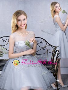 Scoop Knee Length Grey Wedding Guest Dresses Tulle Sleeveless Lace and Appliques and Belt