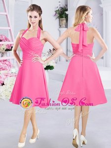 Knee Length Hot Pink Bridesmaids Dress Halter Top Sleeveless Zipper