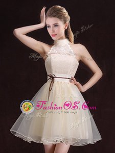 Halter Top Mini Length Champagne Wedding Guest Dresses Organza Sleeveless Lace and Belt
